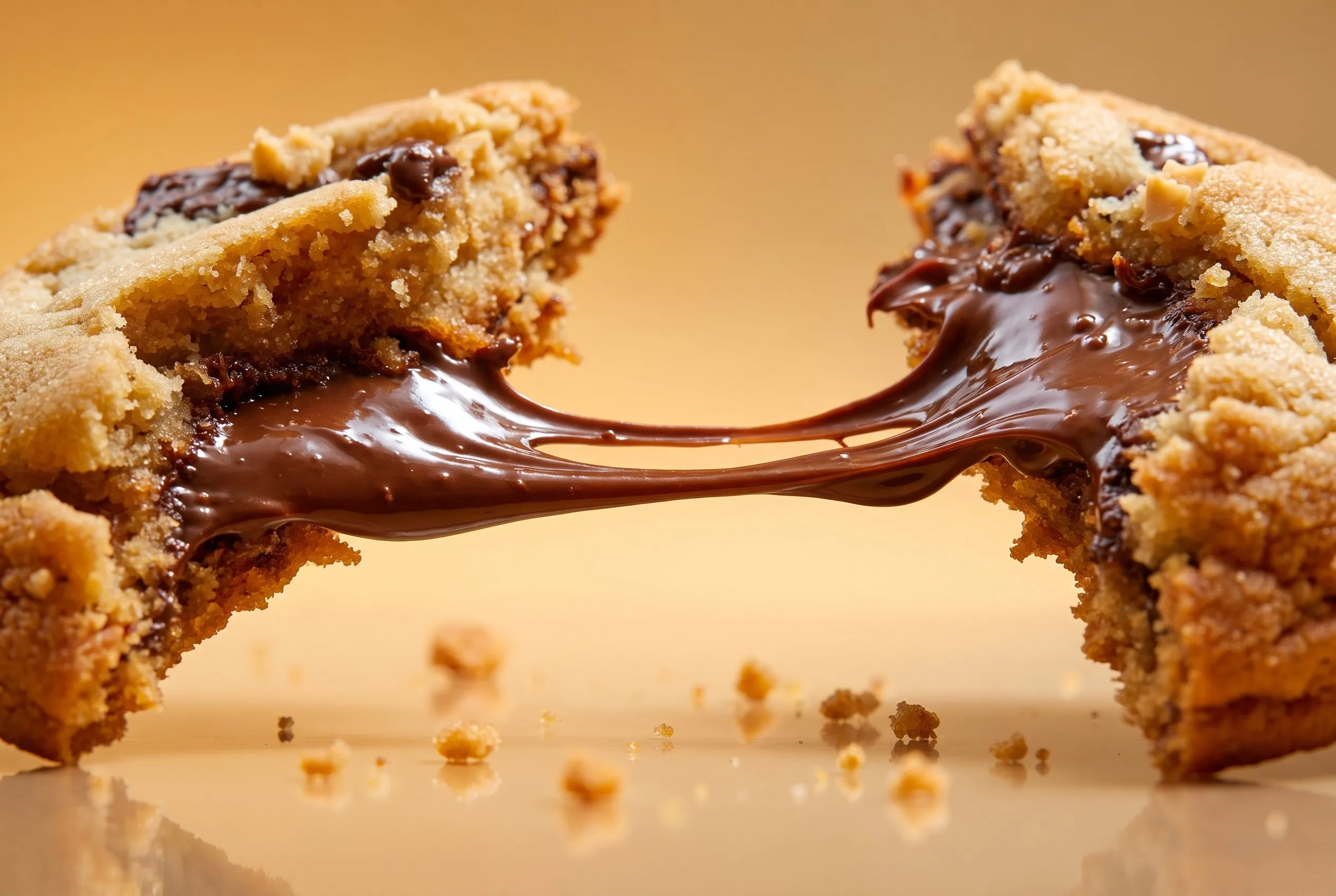 Foto sangat dekat pada cokelat lumer yang meregang di antara dua belahan cookie