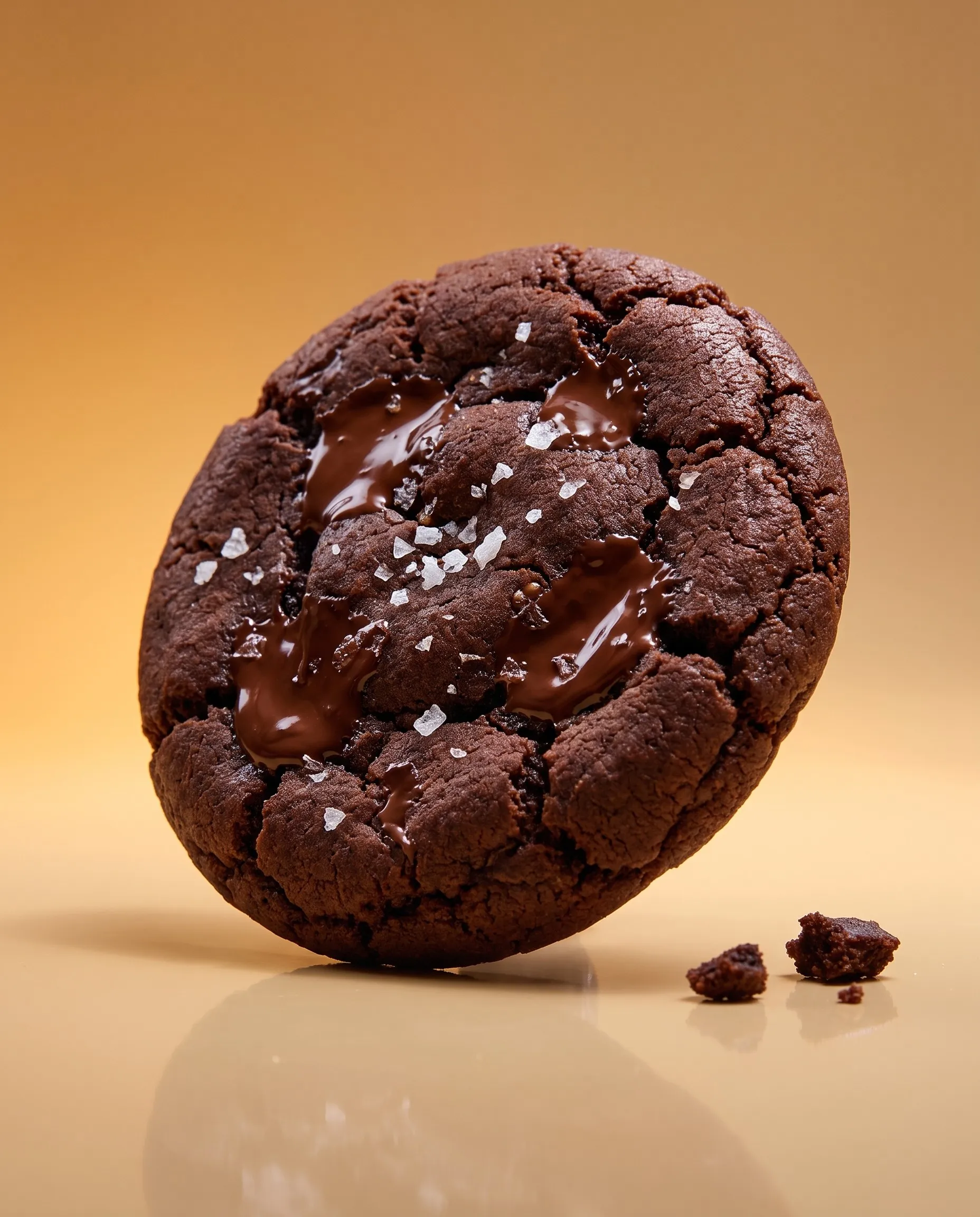 Cookie cokelat gelap dengan serpihan garam laut di atas permukaan berwarna karamel