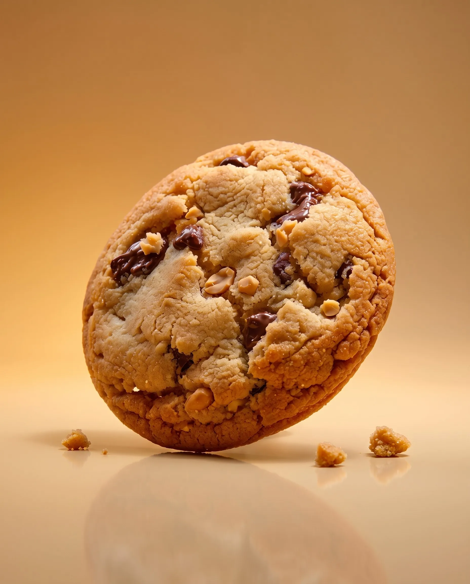 Cookie cokelat kacang yang tebal di atas permukaan mengilap berwarna karamel