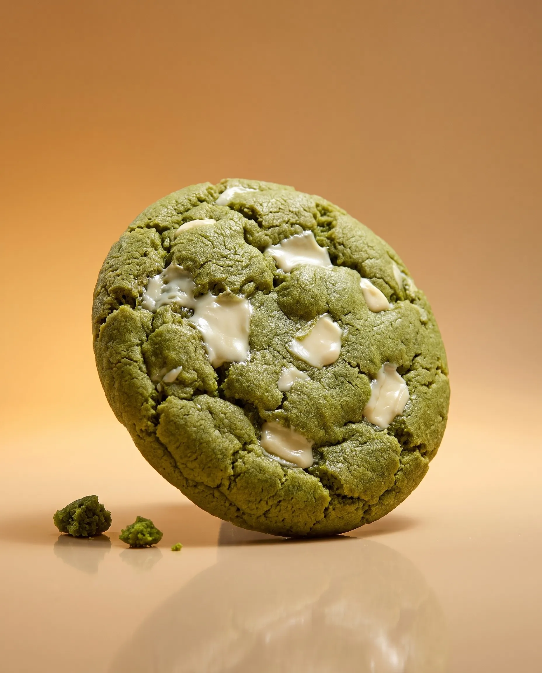 Cookie matcha hijau dengan potongan cokelat putih di atas permukaan berwarna karamel
