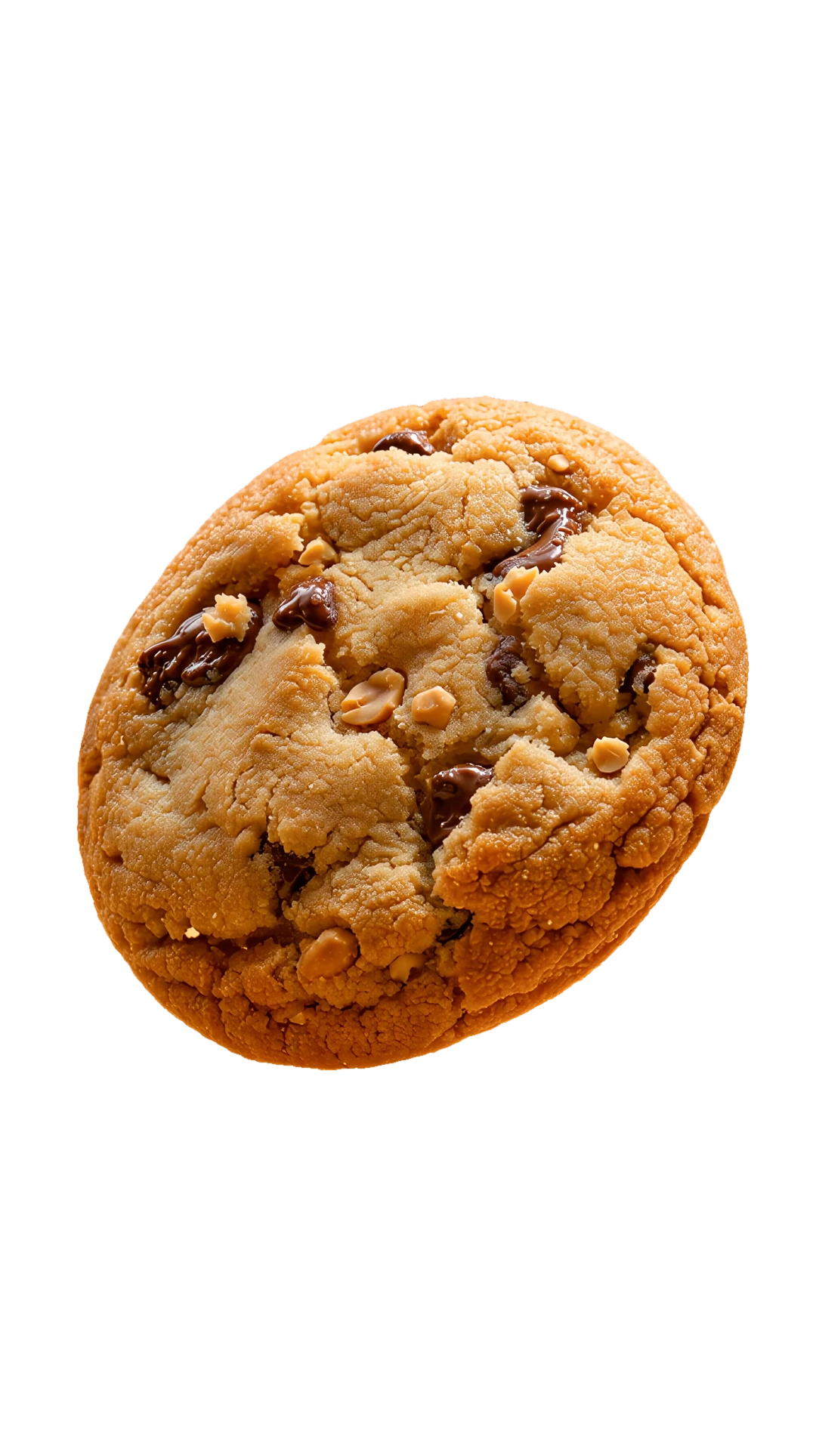 Satu cookie cokelat kacang yang utuh dan tebal, melayang di depan latar berwarna karamel