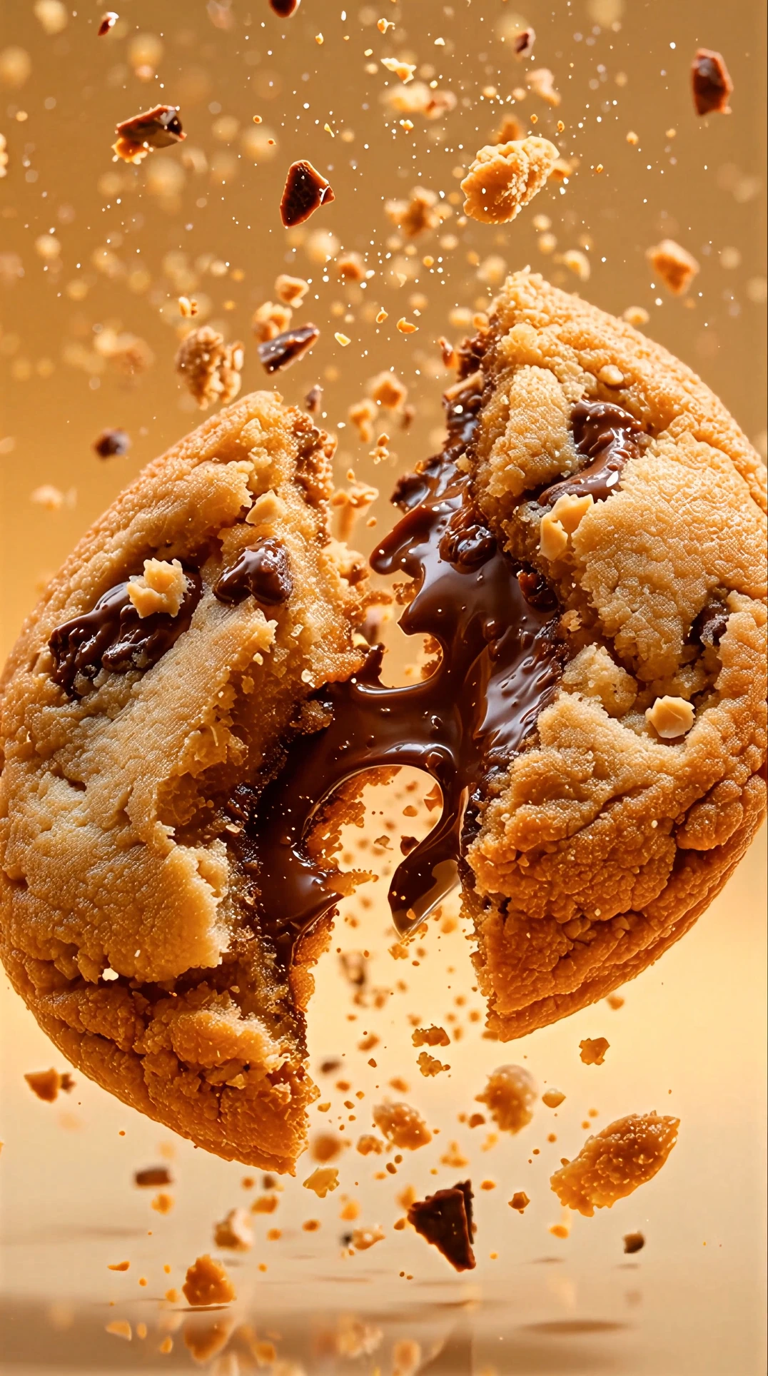 Cookie yang sama patah menjadi dua, dengan cokelat lumer meregang di antara kedua belahannya dan remah beterbangan